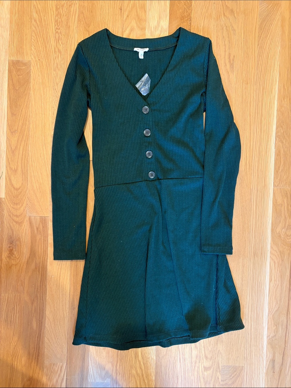 En Creme Dark Green Ribbed Button-Front Long Sleeve Dress
